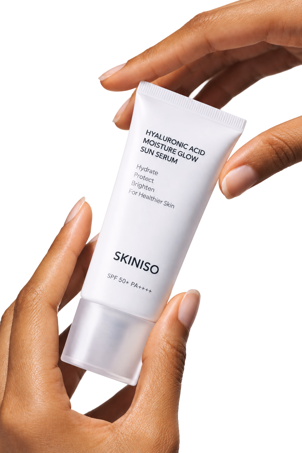 Hands holding a SkiniSo tube against a blue background