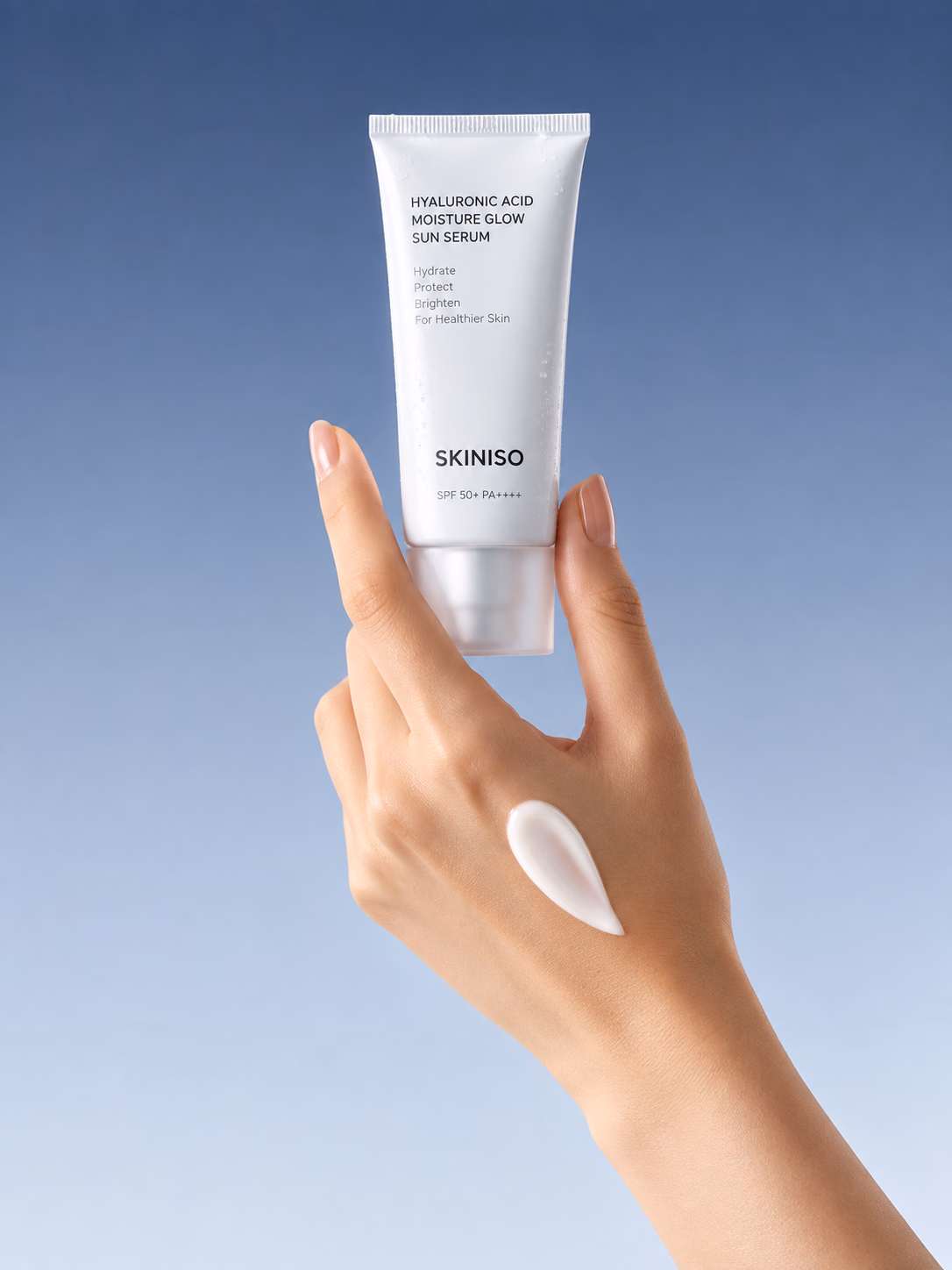 A hand holding a SkiniSo tube with a dab of cream on the back of the hand